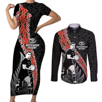 New Zealand Maori Rugby Player Couples Matching Short Sleeve Bodycon Dress and Long Sleeve Button Shirt Maori and Silver Fern Half Style LT03 Black - Polynesian Pride