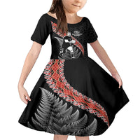 New Zealand Maori Rugby Player Family Matching Mermaid Dress and Hawaiian Shirt Maori and Silver Fern Half Style LT03 Daughter's Dress Black - Polynesian Pride