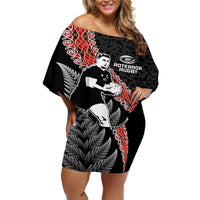 New Zealand Maori Rugby Player Off Shoulder Short Dress Maori and Silver Fern Half Style LT03 Women Black - Polynesian Pride