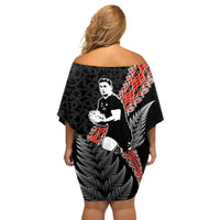 New Zealand Maori Rugby Player Off Shoulder Short Dress Maori and Silver Fern Half Style LT03 - Polynesian Pride