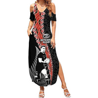New Zealand Maori Rugby Player Summer Maxi Dress Maori and Silver Fern Half Style LT03 Women Black - Polynesian Pride