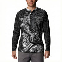 Hawaiian Monk Seal and Whale Button Sweatshirt Kakau Tribal Pattern Grayscale
