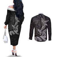 Hawaiian Monk Seal and Whale Couples Matching Off The Shoulder Long Sleeve Dress and Long Sleeve Button Shirt Kakau Tribal Pattern Grayscale