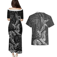 Hawaiian Monk Seal and Whale Couples Matching Puletasi and Hawaiian Shirt Kakau Tribal Pattern Grayscale