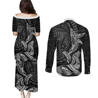 Hawaiian Monk Seal and Whale Couples Matching Puletasi and Long Sleeve Button Shirt Kakau Tribal Pattern Grayscale