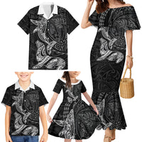 Hawaiian Monk Seal and Whale Family Matching Mermaid Dress and Hawaiian Shirt Kakau Tribal Pattern Grayscale LT03 - Polynesian Pride