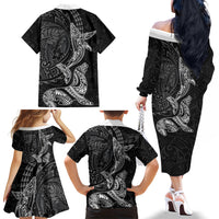 Hawaiian Monk Seal and Whale Family Matching Off The Shoulder Long Sleeve Dress and Hawaiian Shirt Kakau Tribal Pattern Grayscale LT03 - Polynesian Pride