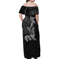 Hawaiian Monk Seal and Whale Family Matching Off Shoulder Maxi Dress and Hawaiian Shirt Kakau Tribal Pattern Grayscale LT03 - Polynesian Pride