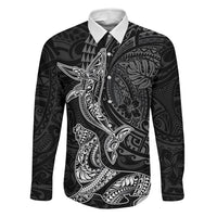 Hawaiian Monk Seal and Whale Family Matching Short Sleeve Bodycon Dress and Hawaiian Shirt Kakau Tribal Pattern Grayscale LT03 Dad's Shirt - Long Sleeve Black - Polynesian Pride