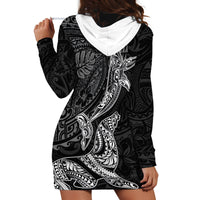 Hawaiian Monk Seal and Whale Hoodie Dress Kakau Tribal Pattern Grayscale