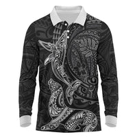 Hawaiian Monk Seal and Whale Long Sleeve Polo Shirt Kakau Tribal Pattern Grayscale