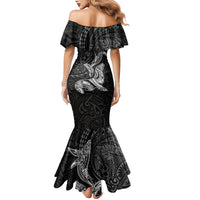 Hawaiian Monk Seal and Whale Mermaid Dress Kakau Tribal Pattern Grayscale