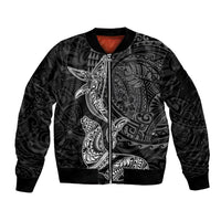 Hawaiian Monk Seal and Whale Sleeve Zip Bomber Jacket Kakau Tribal Pattern Grayscale