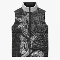 Hawaiian Monk Seal and Whale Sleeveless Puffer Jacket Kakau Tribal Pattern Grayscale