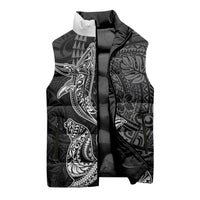 Hawaiian Monk Seal and Whale Sleeveless Puffer Jacket Kakau Tribal Pattern Grayscale