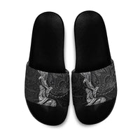 Hawaiian Monk Seal and Whale Slide Sandals Kakau Tribal Pattern Grayscale