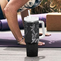 Hawaiian Monk Seal and Whale Tumbler With Handle Kakau Tribal Pattern Grayscale