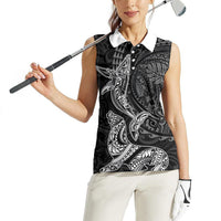 Hawaiian Monk Seal and Whale Women Sleeveless Polo Shirt Kakau Tribal Pattern Grayscale