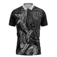 Hawaiian Monk Seal and Whale Zipper Polo Shirt Kakau Tribal Pattern Grayscale