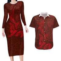 Hawaiian Monk Seal and Whale Couples Matching Long Sleeve Bodycon Dress and Hawaiian Shirt Kakau Tribal Pattern Red Color LT03 Red - Polynesian Pride