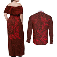Hawaiian Monk Seal and Whale Couples Matching Off Shoulder Maxi Dress and Long Sleeve Button Shirt Kakau Tribal Pattern Red Color