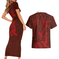 Hawaiian Monk Seal and Whale Couples Matching Short Sleeve Bodycon Dress and Hawaiian Shirt Kakau Tribal Pattern Red Color LT03 - Polynesian Pride
