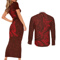 Hawaiian Monk Seal and Whale Couples Matching Short Sleeve Bodycon Dress and Long Sleeve Button Shirt Kakau Tribal Pattern Red Color