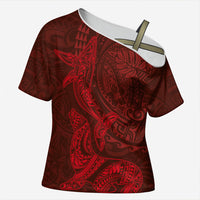 Hawaiian Monk Seal and Whale Cross Shoulder Shirt Kakau Tribal Pattern Red Color