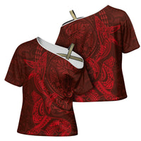 Hawaiian Monk Seal and Whale Cross Shoulder Shirt Kakau Tribal Pattern Red Color