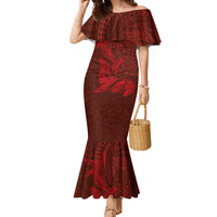 Hawaiian Monk Seal and Whale Family Matching Mermaid Dress and Hawaiian Shirt Kakau Tribal Pattern Red Color LT03 Mom's Dress Red - Polynesian Pride