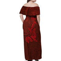 Hawaiian Monk Seal and Whale Family Matching Off Shoulder Maxi Dress and Hawaiian Shirt Kakau Tribal Pattern Red Color LT03 - Polynesian Pride