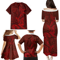 Hawaiian Monk Seal and Whale Family Matching Puletasi and Hawaiian Shirt Kakau Tribal Pattern Red Color LT03 - Polynesian Pride