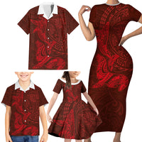 Hawaiian Monk Seal and Whale Family Matching Short Sleeve Bodycon Dress and Hawaiian Shirt Kakau Tribal Pattern Red Color LT03 - Polynesian Pride