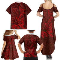 Hawaiian Monk Seal and Whale Family Matching Summer Maxi Dress and Hawaiian Shirt Kakau Tribal Pattern Red Color LT03 - Polynesian Pride