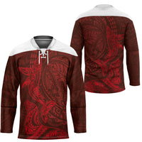 Hawaiian Monk Seal and Whale Hockey Jersey Kakau Tribal Pattern Red Color