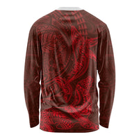 Hawaiian Monk Seal and Whale Long Sleeve Shirt Kakau Tribal Pattern Red Color