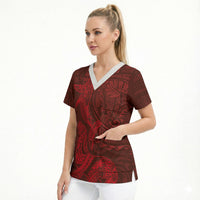 Hawaiian Monk Seal and Whale Scrub Top Kakau Tribal Pattern Red Color