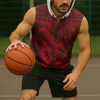 Hawaiian Monk Seal and Whale Sleeveless Zip Hoodie Kakau Tribal Pattern Red Color