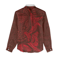 Hawaiian Monk Seal and Whale Women Casual Shirt Kakau Tribal Pattern Red Color