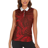 Hawaiian Monk Seal and Whale Women Sleeveless Polo Shirt Kakau Tribal Pattern Red Color