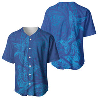 Hawaiian Monk Seal and Whale Baseball Jersey Kakau Tribal Pattern Blue Color