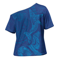 Hawaiian Monk Seal and Whale Cross Shoulder Shirt Kakau Tribal Pattern Blue Color