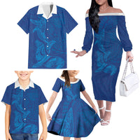 Hawaiian Monk Seal and Whale Family Matching Off The Shoulder Long Sleeve Dress and Hawaiian Shirt Kakau Tribal Pattern Blue Color LT03 - Polynesian Pride
