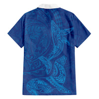 Hawaiian Monk Seal and Whale Family Matching Off The Shoulder Long Sleeve Dress and Hawaiian Shirt Kakau Tribal Pattern Blue Color LT03 - Polynesian Pride
