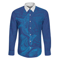 Hawaiian Monk Seal and Whale Family Matching Puletasi and Hawaiian Shirt Kakau Tribal Pattern Blue Color LT03 Dad's Shirt - Long Sleeve Blue - Polynesian Pride