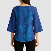 Hawaiian Monk Seal and Whale Kimono Sleeve Blouse Kakau Tribal Pattern Blue Color