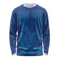 Hawaiian Monk Seal and Whale Long Sleeve Shirt Kakau Tribal Pattern Blue Color LT03 Unisex Blue - Polynesian Pride