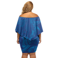 Hawaiian Monk Seal and Whale Off Shoulder Short Dress Kakau Tribal Pattern Blue Color
