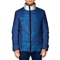 Hawaiian Monk Seal and Whale Padded Jacket Kakau Tribal Pattern Blue Color