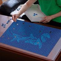 Hawaiian Monk Seal and Whale Puzzle Kakau Tribal Pattern Blue Color